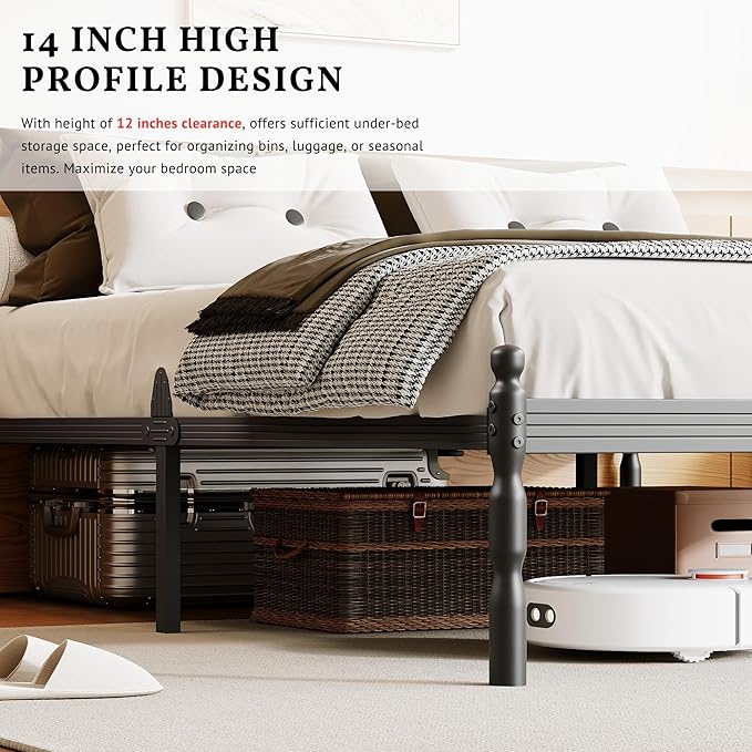 ZIYOO Twin Size Bed Frame with Mattress Slide Stopper, 14 Inches Heavy Duty Sturdy Platform with Vintage Style, Anti-Slip Design, Easy Assembly, No Box Spring Needed