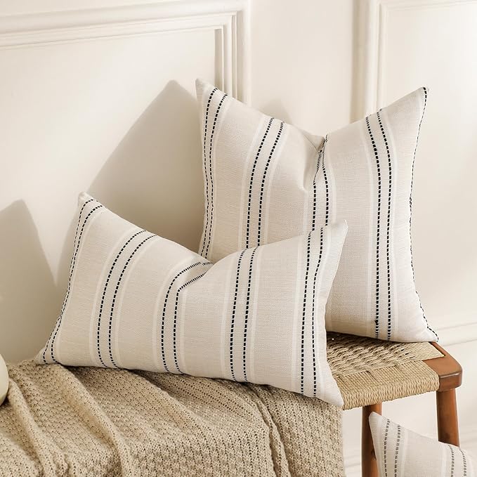Hckot Hand Made Decorative Pillow Covers 18x18 Striped Throw Pillows Textured Linen Pillow Covers Farmhouse Decor Cushion Covers for Couch Bed Living Room, Black