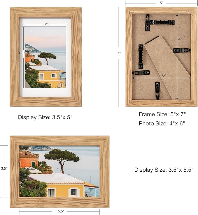 Axeman Solid Oak 4x6 Photo Frame - 3.5x5 Mat, Hanging Hardware Included - Natural, 3 PCs