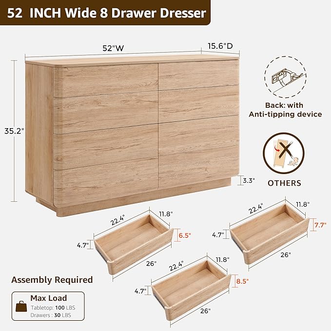 8 Drawer Dresser for Bedroom, 52 Inch Wide Modern Chest of Drawers, Push-to-Open Wood Storgae Organizer with Large Drawers for Bedroom, Living Room, Hallway,Natural Oak
