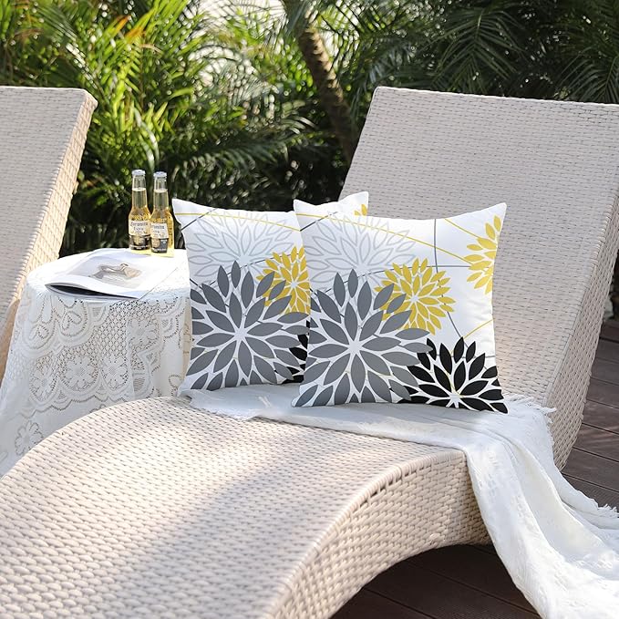 Grey and Yellow Black Floral Pillow Covers 18x18 Set of 2 Outdoor Waterproof Decorative Throw Pillows Summer Pillow Covers Polyester Cushion Case Decor for Couch Patio Funiture Garden Porch 011C18