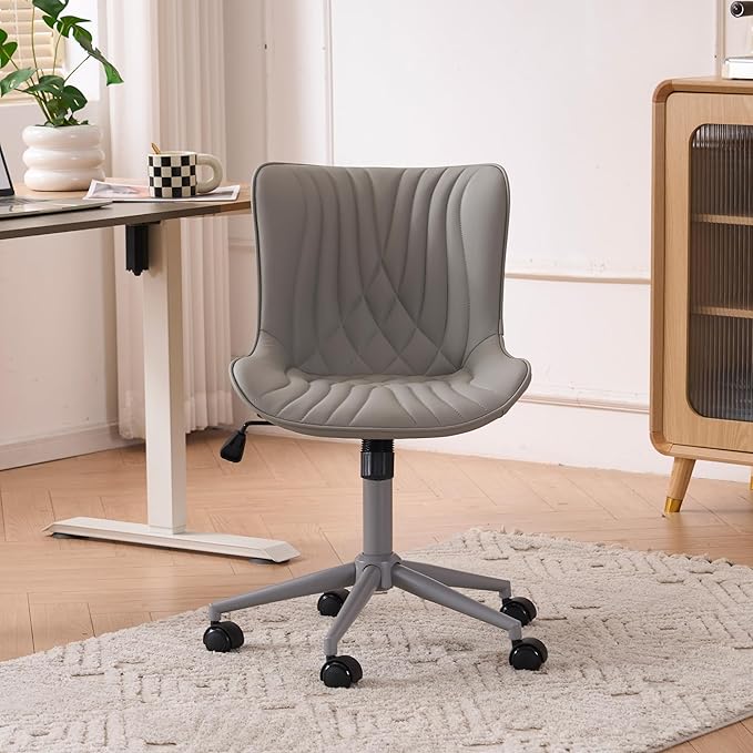 YOUTASTE All Grey Office Chair, Modern Armless Desk Chair with Back, Adjustable Swivel Rolling Faux Leather Task Chair with Wheels Metal Base for Home Office, Study, or Vanity