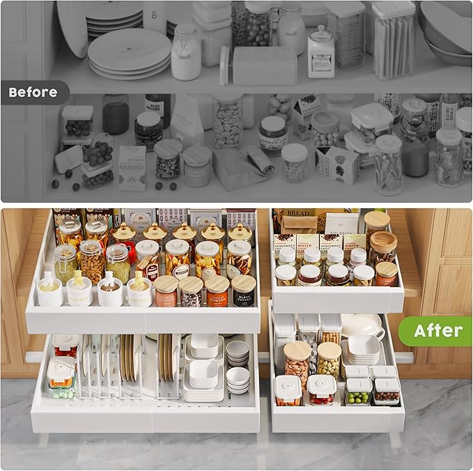 4Pack Expandable Pull Out Cabinet Organizer 21"Deep with Raising Pad for Framed Cabinets,Slide Out Drawers with 4pcs Divider Racks,Roll Out Shelves Adhesive,Adjustable Width 12.05"-20.4"White
