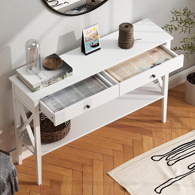 ChooChoo 47" Console Table with Drawers, Narrow Wood Accent Sofa Table Entryway Table with Storage Shelf for Entryway, Front Hall, Hallway, Living Room, White