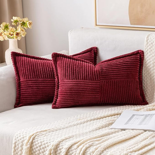 MIULEE Christmas Decorative Lumbar Throw Pillow Covers for Couch Bed Livingroom 12x20 Inch Set of 2 Burgundy Boho Accent Throw Pllows Broadside Striped Patchwork Soft Corduroy Pillowcases