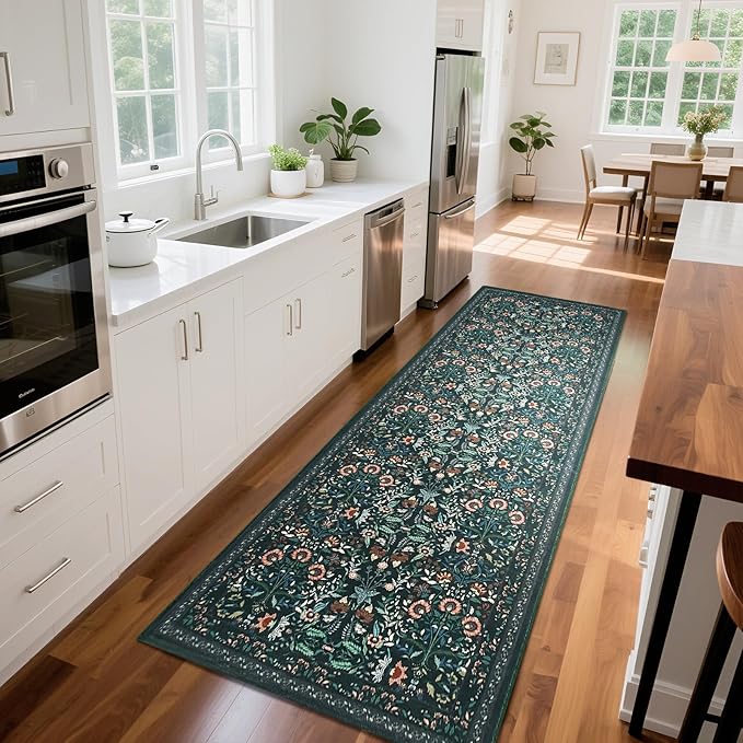 Area Rug Washable Rug Runner, 2X6 Hallway Runner Rugs for Bedroom Floral Boho Carpet Ultra-Thin Soft Kitchen Mats for Floor, Non-Slip Stain Rugs for Living Room, Entryway, Kitchen, Hallways, Green