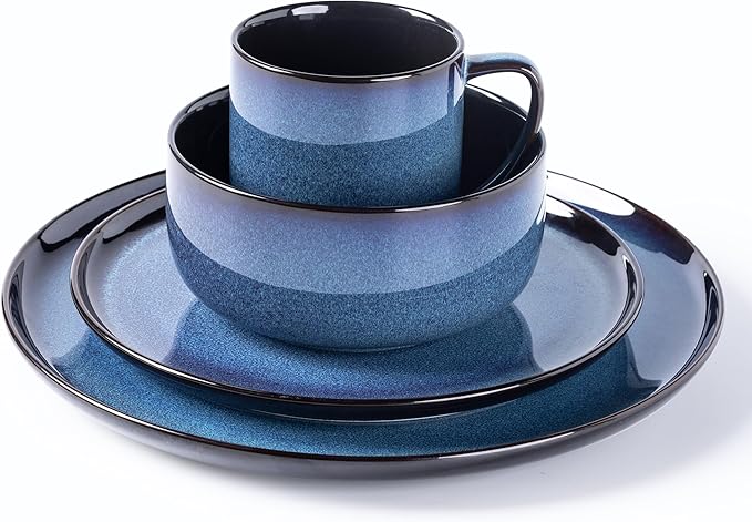 LERATIO Ceramic Dinnerware Sets for 4,16-PieceReactive Glaze Plates and Bowls Set with Mugs,Highly Chip and Crack Resistant | Dishwasher,Microwave & Oven Safe Dishes set-Blue