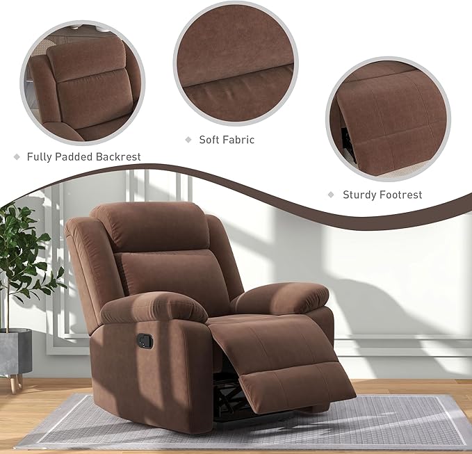 Bonzy Home Rocker Recliner Chair for Adults, Overstuffed Manual Rocking Recliner, Fabric Upholstered Single Sofa for Living Room, Brown