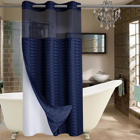 Conbo Mio Stall No Hook Shower Curtain with Snap in Liner Set, Hotel Luxury Navy Blue Shower Curtains for Bathroom with See Through Top Window, Waterproof, Washable 36W x 74H