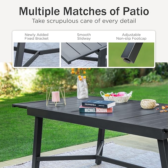 PHI VILLA Heavy Duty 7-Piece Patio Dining Sets, Expandable Outdoor Table and Chairs Set for 6, 6 Extra Large Dining Chairs, Rectangular Metal Dining Table for Deck, Backyard and Garden