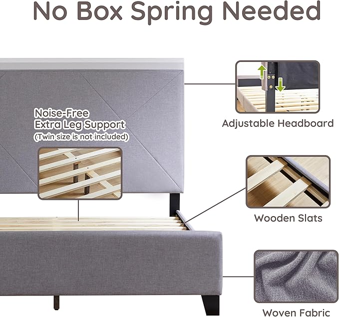 Livinia Stella Twin Size Platform Bed, Fabric Upholstered Twin Bed Frame with Height Adjustable Headboard Footboard, Strong Wood Slats, No Box Spring Needed, Gray (Twin)