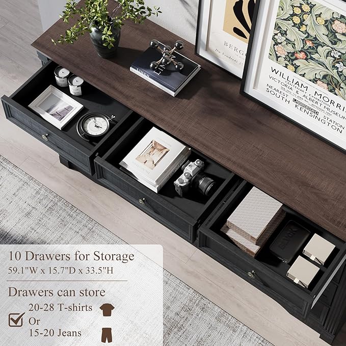 Farmhouse 10 Drawers Dresser, 59" Wide Rustic Chest of Drawers, Black Dresser for Bedroom with Chic Wood Pilasters, Storage Organizer for Living Room, Hallway