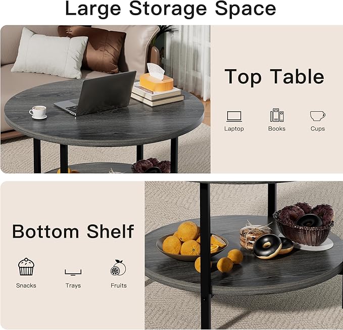 Coffee Table, 2 Tier Coffee Tables for Living Room, Round Coffee Table with Storage, Floor Table for Bedroom, Home Office, Grey (27.6" D x 17.7" H)