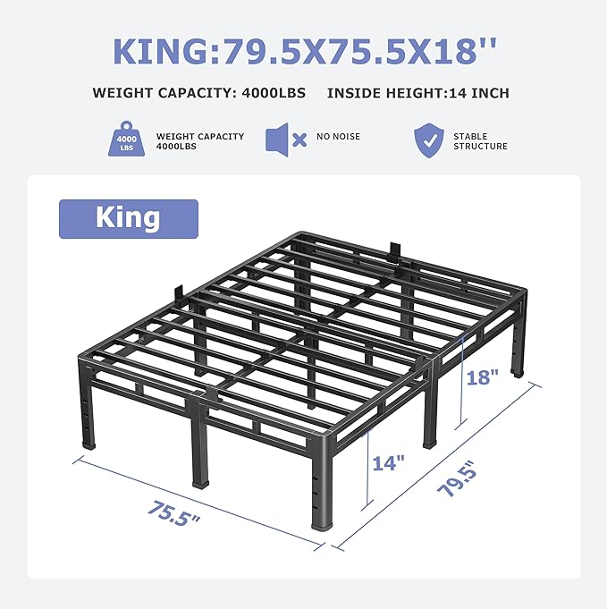 NKZ 18 Inch King Size Bed Frame, Metal Bed Frame & Box Spring 2 in 1 Platform with Round Corner Legs, 4000Lbs Heavy Duty Metal Frame, Mattress Slide Stopper, Headboard Hole, Noise-Free, Easy Assembly