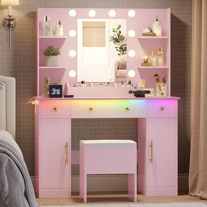 Makeup Vanity Desk with Mirror and Lights, 43" Pink Vanity Set with Chair, 3 Drawers, Power Outlet & Adjustable RGB LED Lights, Dressing Table with Storage Shelf for Women & Girls Bedroom
