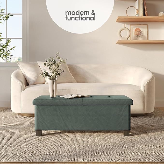 STORAGEBUD Storage Ottoman Bench with Bins, 43-in Storage Bench for Bedroom End of Bed, Folding Foot Rest Ottoman for Living Room Max 660lbs, Faux Leather Ottomans, Green