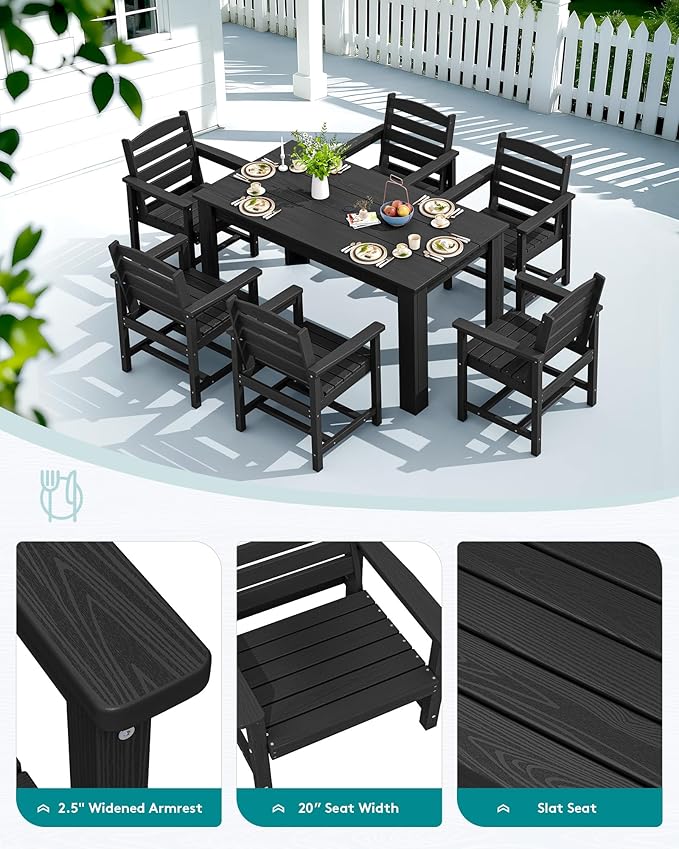 SERWALL HDPE Dining Set for 6, Outdoor Dining Sets for 6 Person with 1 Umbrella Hole Cut-Out Rectangular Table and 6 Chairs, Patio Dining Sets for Garden, Backyard, Poolside, Black