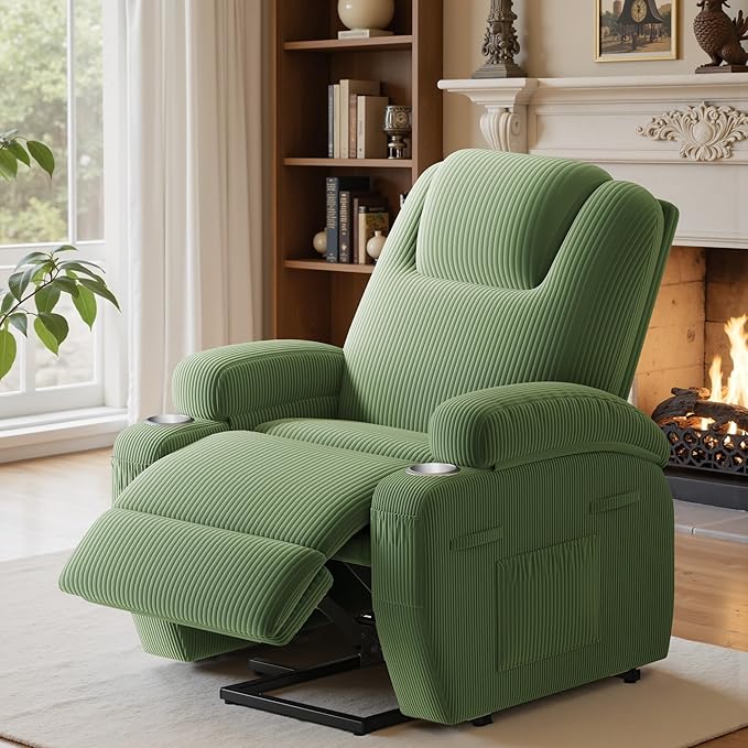 Power Lift Recliner Chair with Massage Electric Lift Chair for Elderly, Ergonomic Recliner with Cup Holders & Side Pockets, Modern Single Sofa for Living Room (Corduroy, Green)