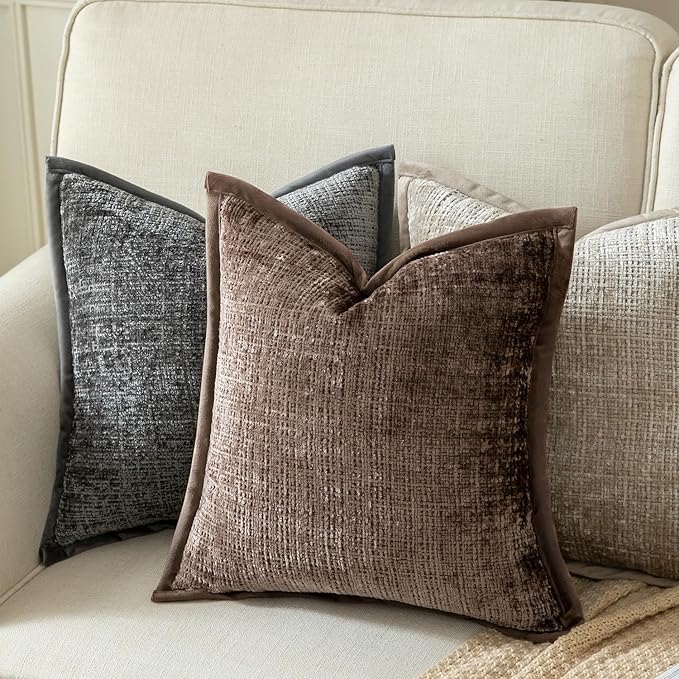 Yaertun Pack of 2 Chenille Textured Decorative Throw Pillow Covers Accent Solid Cushion Cover Soft Cozy Pillow Case with Velvet Back for Couch Sofa Bed Living Room 12x20 Inch Coffee