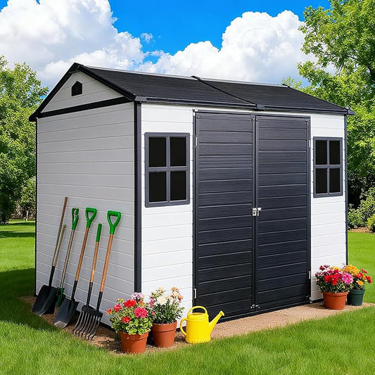 8x6 FT Outdoor Storage Resin Shed with Floor, Waterproof Plastic Garden Tool Shed with Windows, Vents & Lockable Door and Sloped Roof, Easy to Assemble Bike Shed for Patio, Backyard, Lawn, White