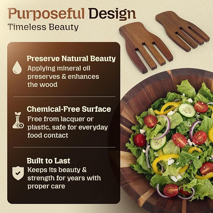 Acacia Wood Salad Bowl Set with Serving Hands, 10” Diameter, 6” Height - Handmade, Large Serving Bowl for Salad, Fruit & Pasta - Durable Natural Brown Serveware Gift, Modern Geometric Design