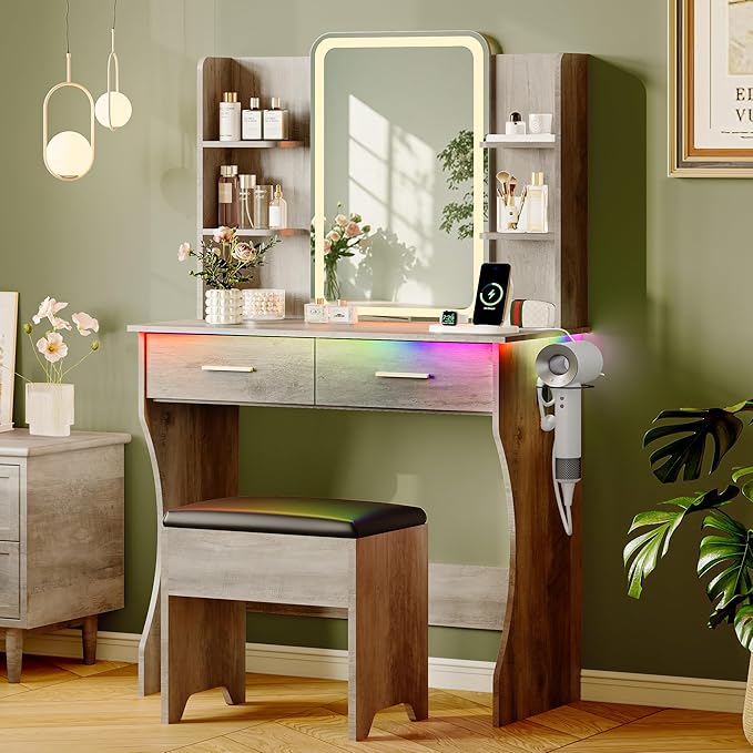 Gray Makeup Vanity Desk with Mirror and Lights, Wood Vanity Table Set with Power Outlet, Dressing Table with 2 Drawer & 4 Storage Shelves, Adjustable RGB Lighting, Includes Chair for Girl’s Bedroom