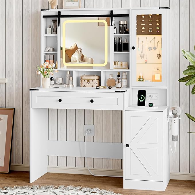 Farmhouse Makeup Vanity Desk with Mirror and Lights, White Vanity Desk with Lighted Mirror & Power Outlet, RGB Glass Cabinet, Makeup Dressing Table with 3 Lighting Modes for Bedroom