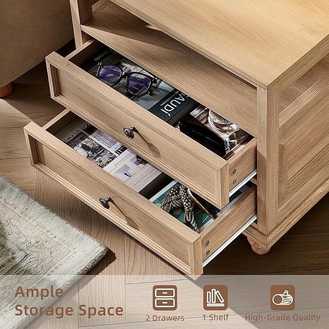 Farmhouse Nightstand with Charging Station, 24" Wide End Table with 2 Drawers, Natural Dresser for Bedroom, Bed Side Table Chest of Drawers Cabinet,Wood Night Stand for Living Room, Closet