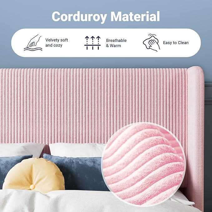 Allewie Full Size Bed Frame with Upholstered Wingback Headboard, Vertical Channel Tufted Corduroy Velvet Platform Bed, Strong Wooden Slats Support, No Box Spring Needed, Easy Assembly, Light Pink