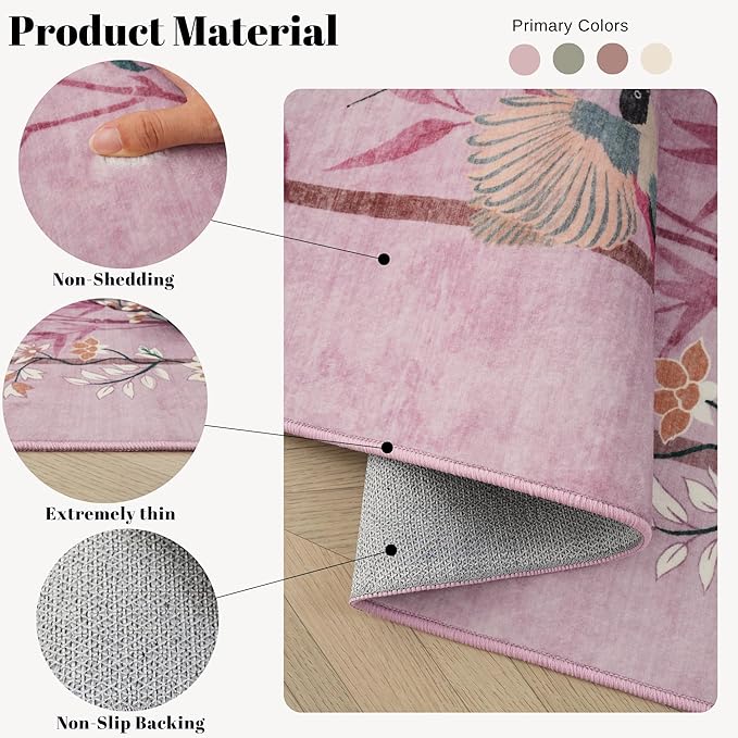 Runner Rug 2x6 Chinoiserie-Style Floral Vintage Kitchen Rugs Non Slip Washable with Rubber Backing Soft Carpet for Laundry, Bedroom, Bathroom, Pink