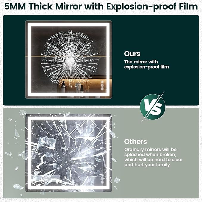 36"x 40" Bathroom Mirror with Lights, LED Mirror for Bathroom with Stepless 3 Colors Temperature & Dimmable Memory Anti-Fog Tempered Glass Mirror