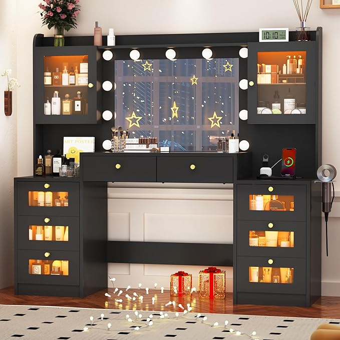 62" Large Makeup Vanity Desk with Mirror and Lights, Glass Top Vanity Table with Power Outlet & Lighted Glass Cabinet , 8 Drawers, Dressing Table with 3 Colors Lights for Bedroom Dressing Room, Black