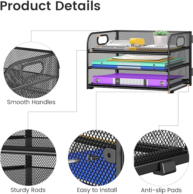 3 Tier Paper Organizer with Handle, Metal Desk Organizer Mesh Paper Letter Tray Desktop File Folder Document Sorter for Classroom, School, Office Accessories Organization and Storage - Black