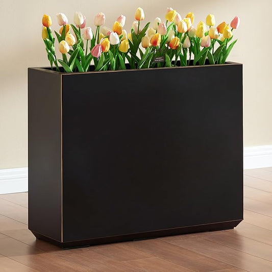 Wallowa Metallic Heavy Outdoor Planter Box, Span Planter, Long and Tall Divider, 30Lx10Wx24H, Black with Gold Rim, 30.8 Pounds