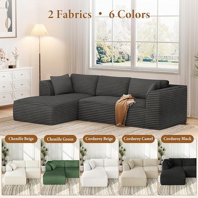 Vesgantti 106" Boneless Couch with Chaise, Deep Seat Comfy Cloud Modular Sofa Corduroy Memory Foam Sectional Couches for Living Room Bedroom, No Assembly Required (Grey, Left-Facing Chaise)
