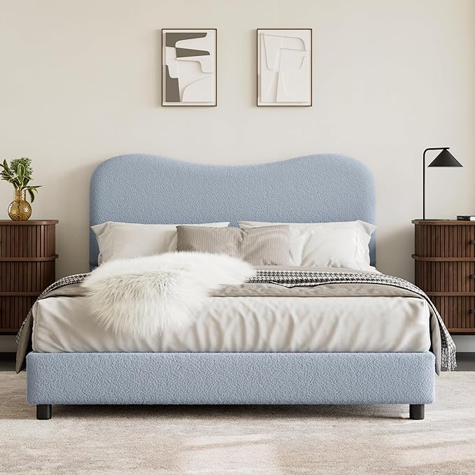 Queen Bed Frame for Kids with Velvet Upholstered Headboard, Cute Low Profile Platform Bed for Girls and Boys, No Box Spring Needed, Strong Wooden Slats, Noise Free, Easy Assembly, Blue