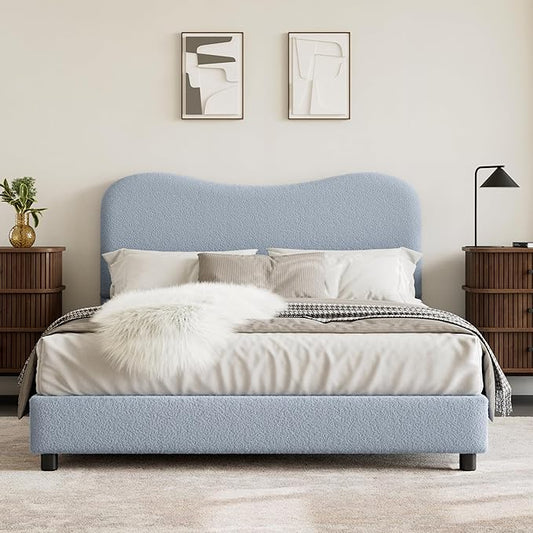 Queen Bed Frame for Kids with Velvet Upholstered Headboard, Cute Low Profile Platform Bed for Girls and Boys, No Box Spring Needed, Strong Wooden Slats, Noise Free, Easy Assembly, Blue