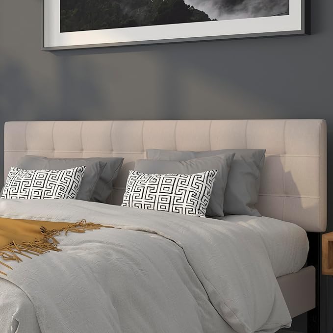 EMMA + OLIVER Quilted Tufted Upholstered King Size Headboard in Beige Fabric