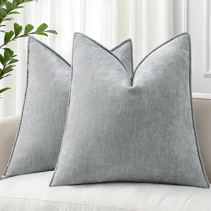 decorUhome Couch Throw Pillow Covers 26x26 Set of 2, Decorative Soft Euro Neutral Chenille Pillow Covers with Elegant Design for Sofa Bed Living Room Home Decor, Ultimate Gray