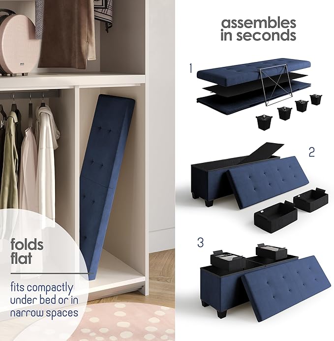 STORAGEBUD Storage Ottoman Bench with Bins, 43-in Storage Bench for Bedroom End of Bed, Folding Foot Rest Ottoman for Living Room Max 660lbs, Velvet Ottomans, Blue