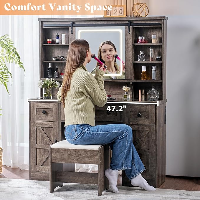 AMERLIFE 47.2" W Farmhouse Makeup Vanity Desk with Charging Station, Vanity Set with Stool & Sliding Mirror & 3 Brightness Lights, Glass Desktop, Ample Storage, Dark Oak