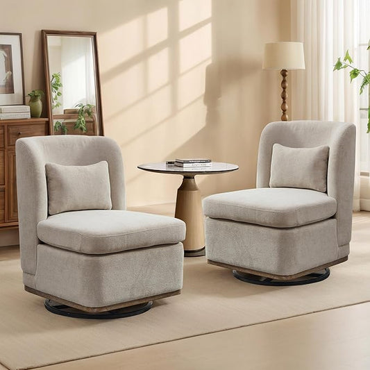 Chifee & Vingol 25.2 "W Chenille Armless Swivel Accent Chair Modern Upholstered Sofa Chair Set of 2 with Pillow, Beige