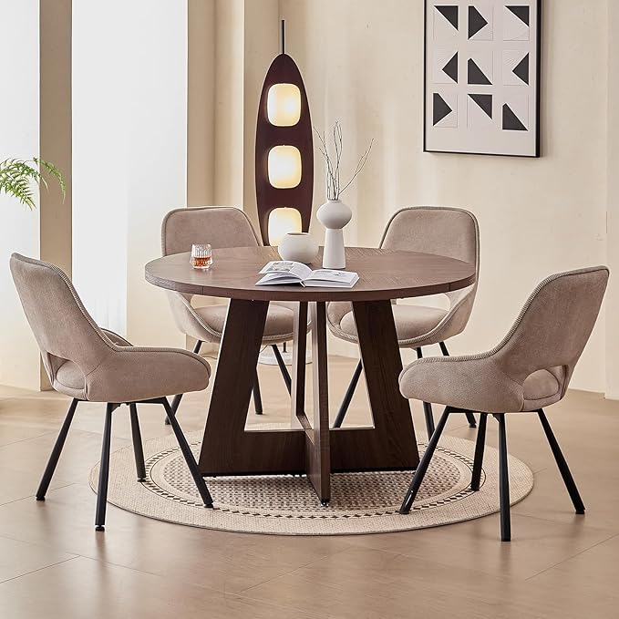 47" Round Dining Room Table Set for 4, [Fanned Base] [1.38" Thick Top] Wood Kitchen Table with 4 Swivel Dining Chairs