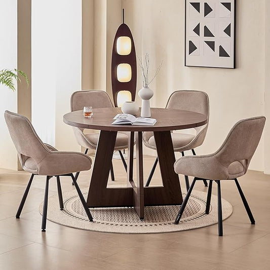 47" Round Dining Room Table Set for 4, [Fanned Base] [1.38" Thick Top] Wood Kitchen Table with 4 Swivel Dining Chairs