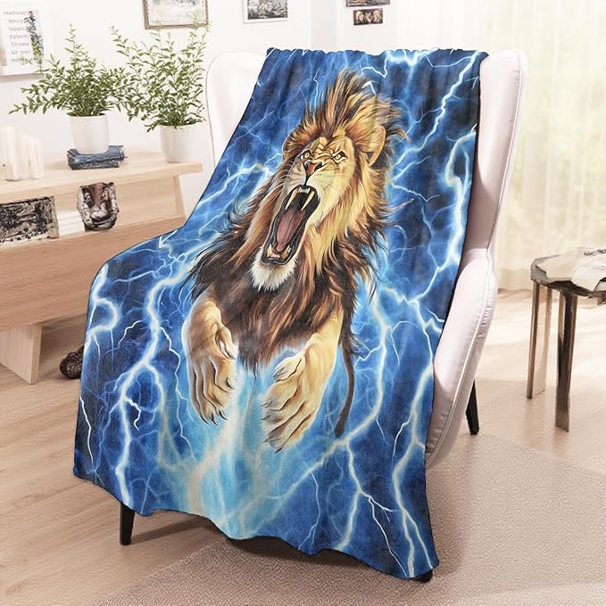 Roaring Lion Blanket, Cozy Flannel Fierce Lightning Lions Throw Blanket for Couch Outdoor, Plush Soft Lightweight Travel Blankets for Bed Decor and Gifts, for Women Adults Kids 60"x80"