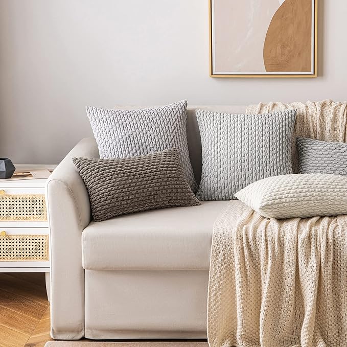 MIULEE Throw Pillow Covers Soft Corduroy Decorative Set of 2 Boho Striped Pillow Covers Pillowcases Farmhouse Home Decor for Couch Bed Sofa Living Room 12x20 Inch Brown