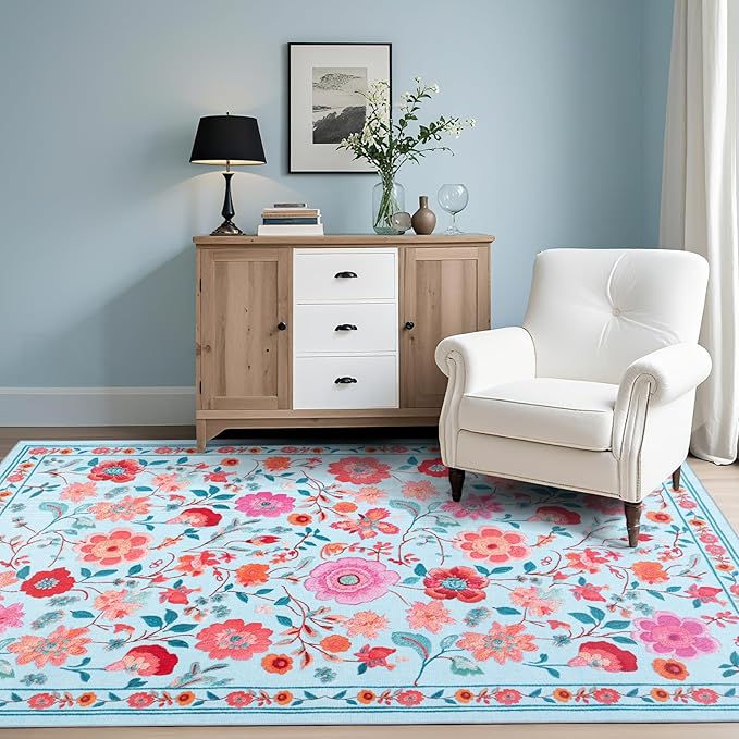 Floral Area Rug 5x8 Rugs, Machine Washable Rug Non-Slip Low Pile Rug for Living Room, Bedroom, Farmhouse, Dining Room, Blue