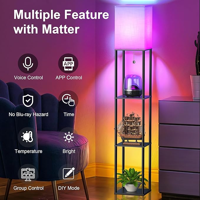 Floor Lamp with Shelves for Living Room with Matter Smart LED Light Bulb Works with Google Home/Alexa/Apple Home/SmartThings/Siri, Modern Standing Lamp Color Changing Corner Light Bedroom Home Decor