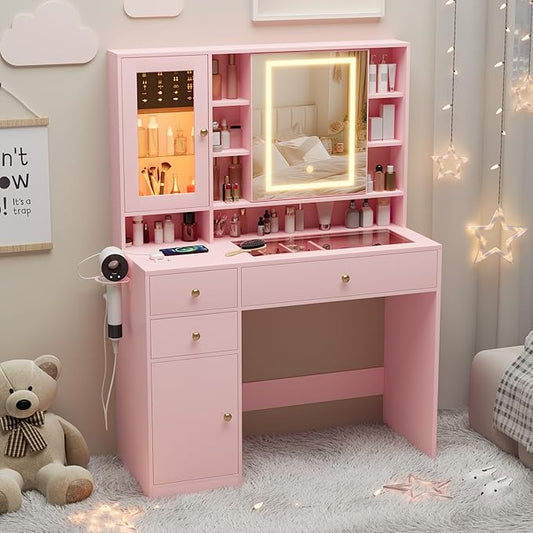 Makeup Vanity Desk with Mirror and Lights, Pink Vanity with Glass Top, Jewelry Storage, Power Outlets, 3 Drawers & 2 Cabinets, Adjustable LED Lighting, Dressing Table for Women & Girls Bedroom