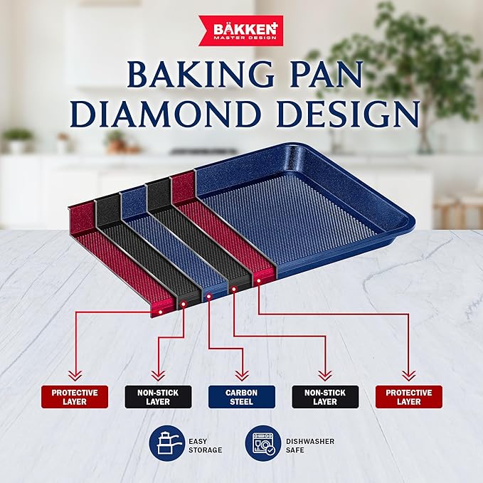 BAKKEN Kitchen Baking Pans - Nonstick Blue Coating, 13.58’’ × 9.65’’ Commercial Grade Carbon Steel Cookie Sheet, Diamond Texture Bottom, PFOA, PFOS, PTFE Free, Oven Safe Tray (450°F), Blue